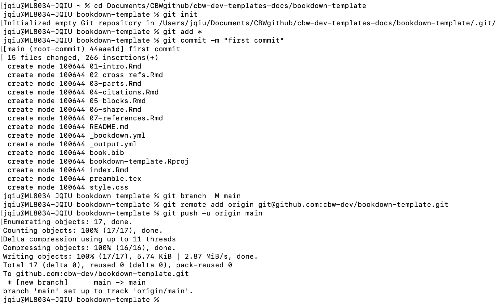 all the git steps typed out into terminal with results
