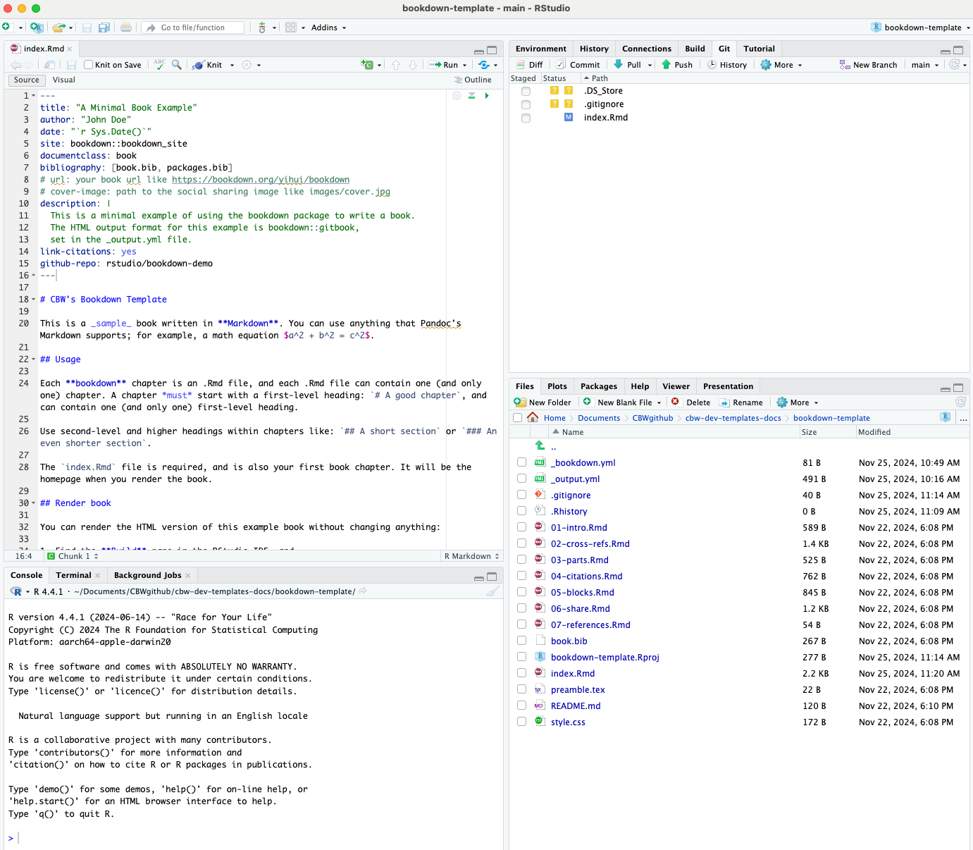 RStudio with Git window open