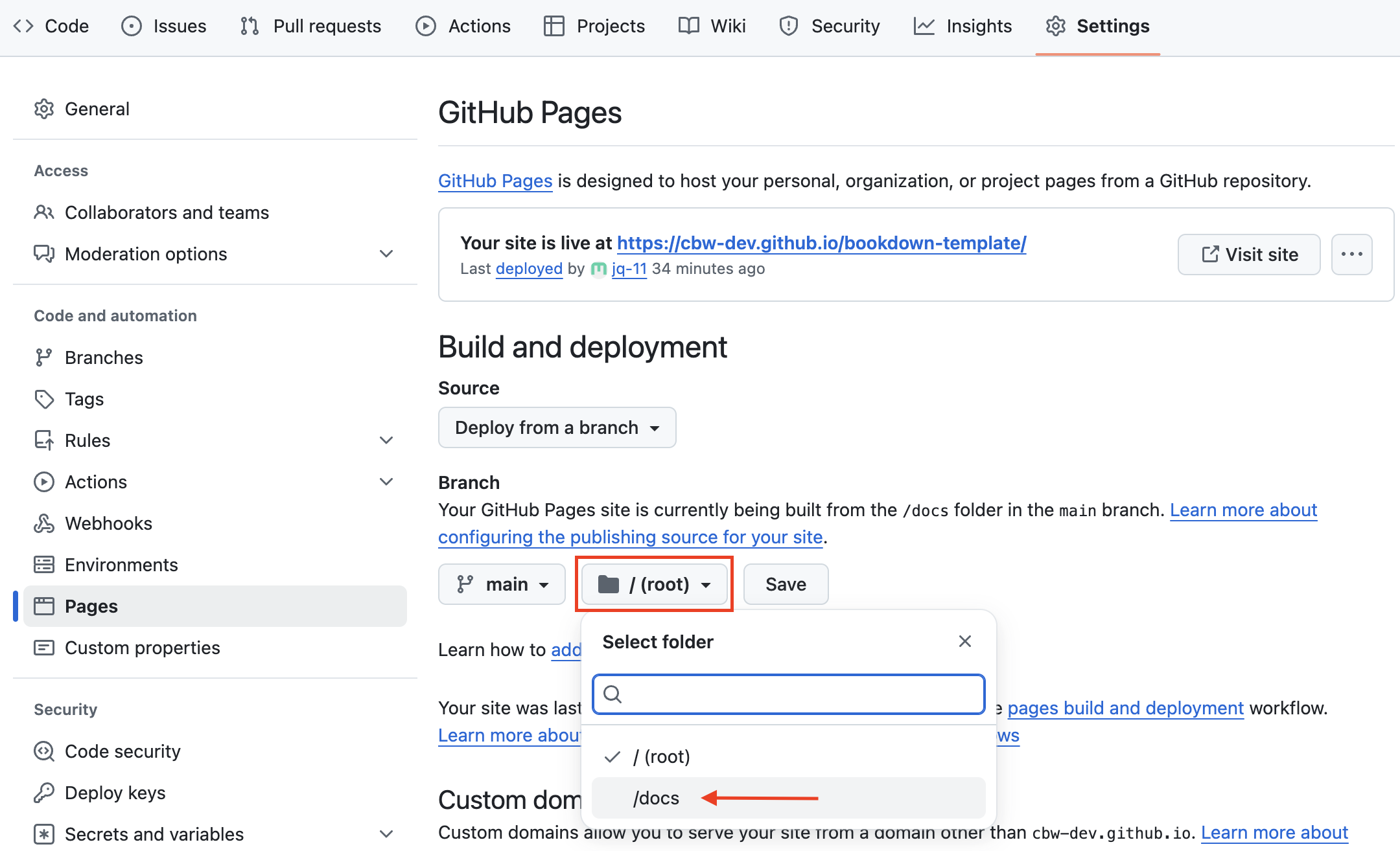 Select /docs as the branch