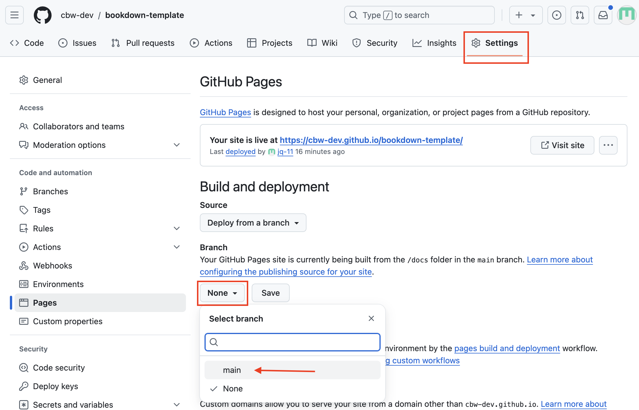 Select main as the branch