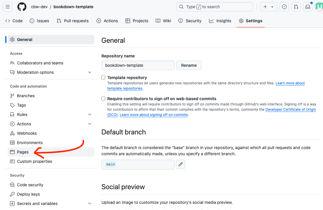 Selecting pages from the settings page