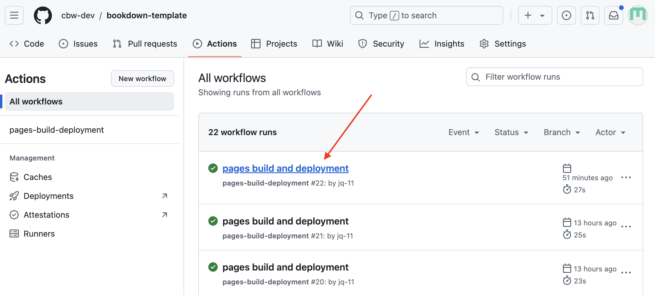where to click for pages build and deployment information