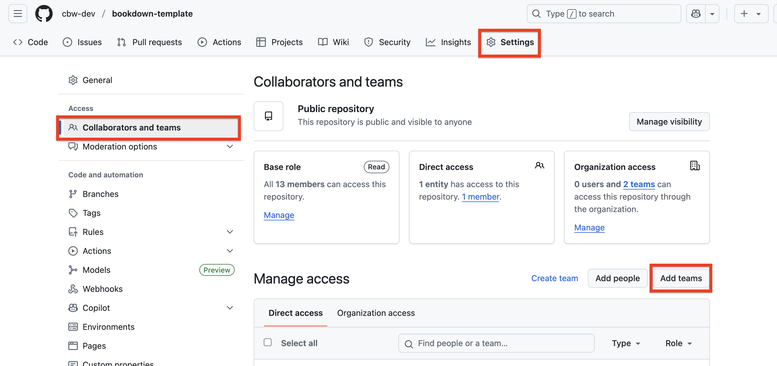 GitHub Settings - Collaborators and Teams menu