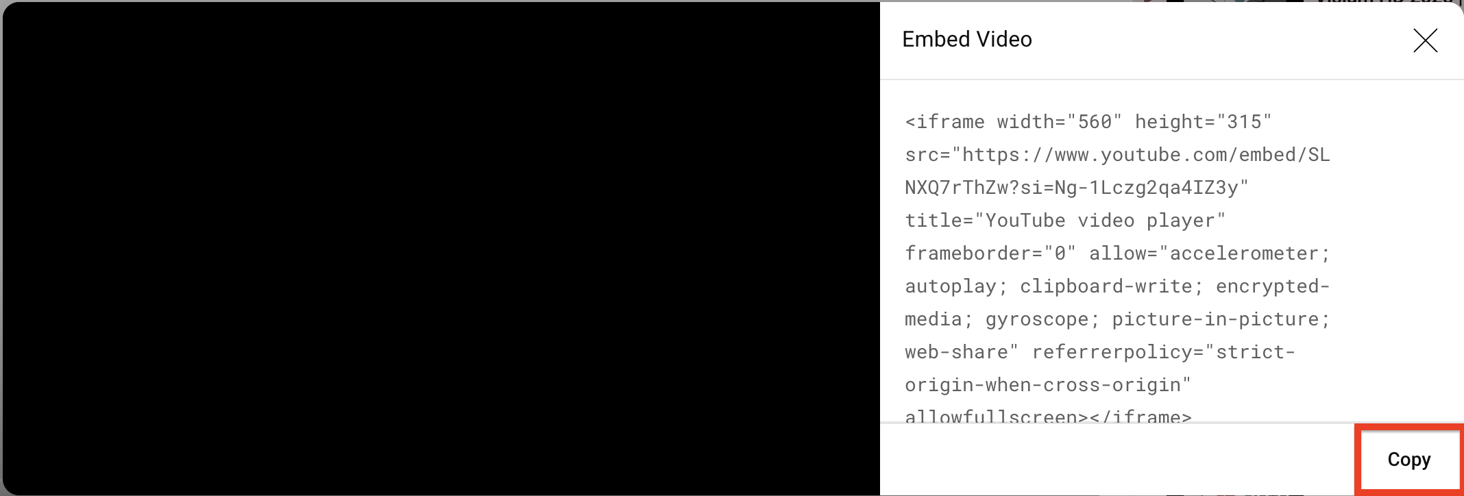 Image showing how to copy a YouTube embed code