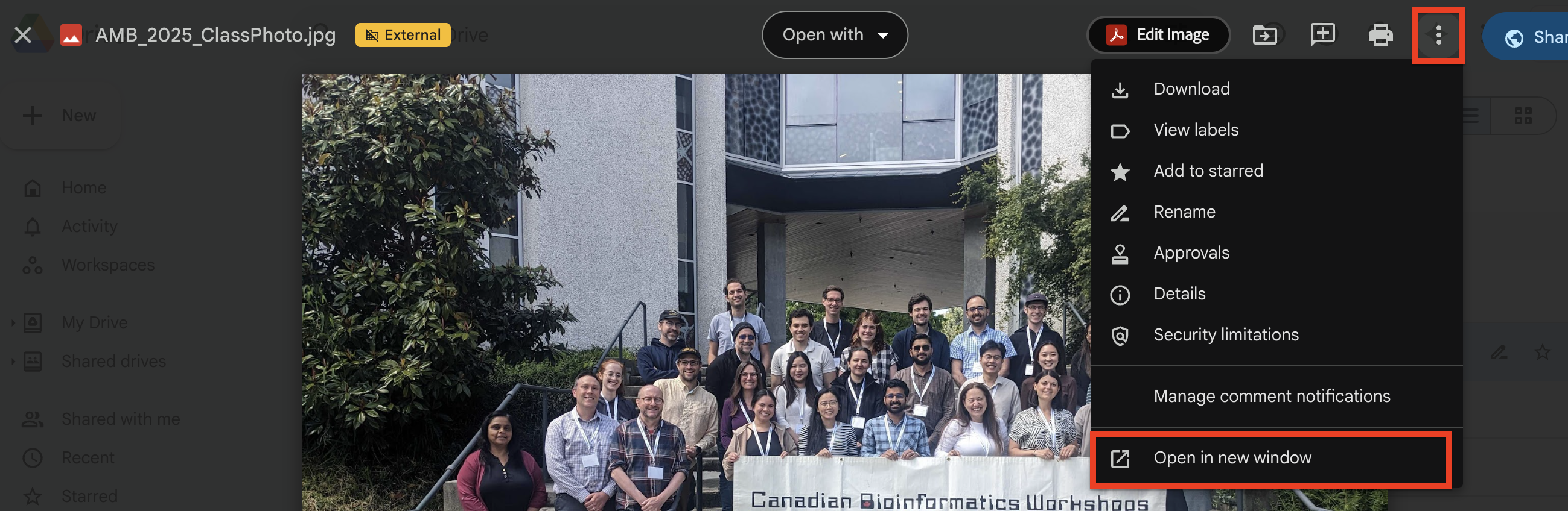 Image showing how to open a Google Drive photo in a new window